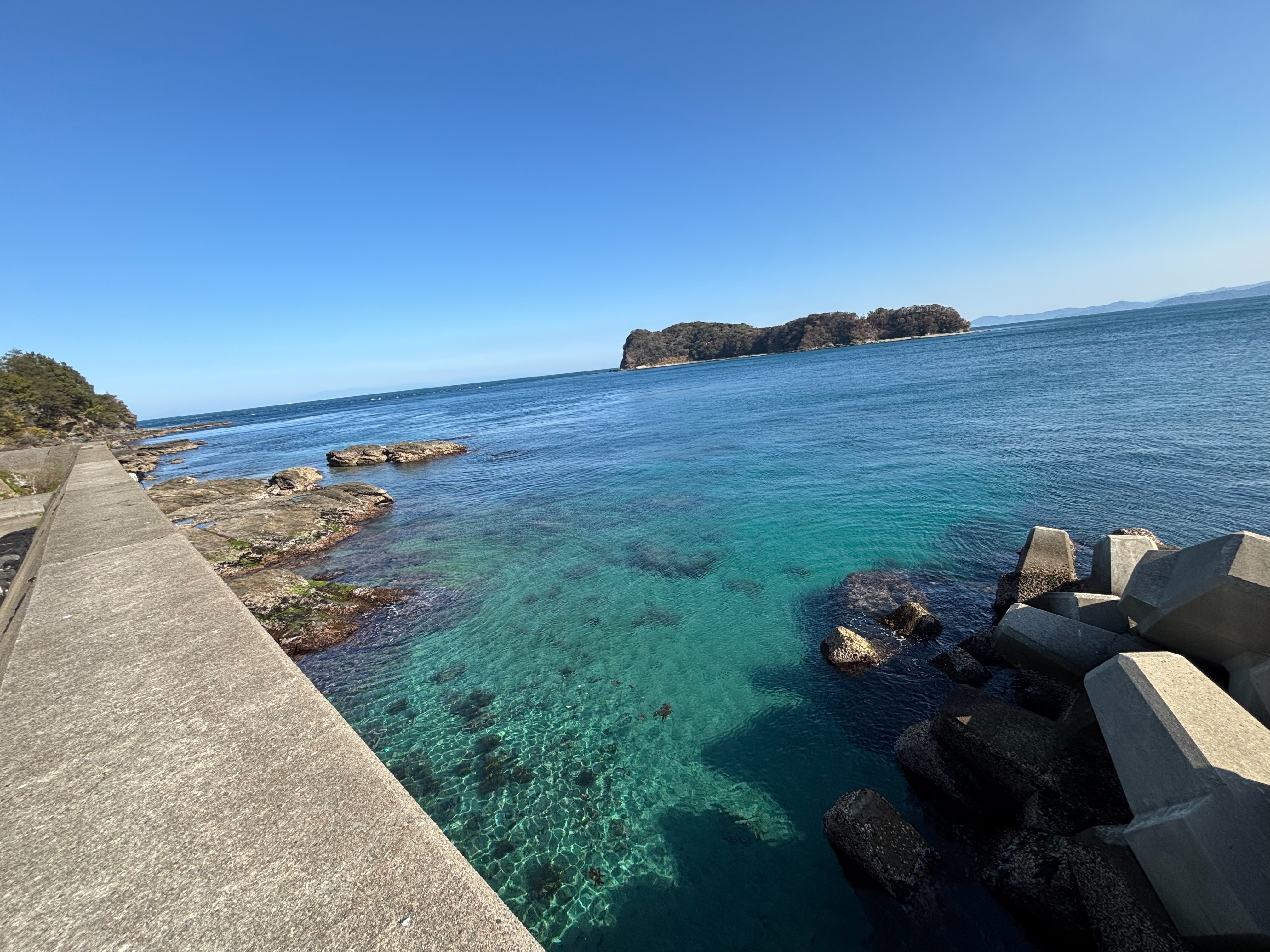 幸之浦 - 外側のテトラ際。奥の磯は降りられるが、浅すぎのため磯遊び向き