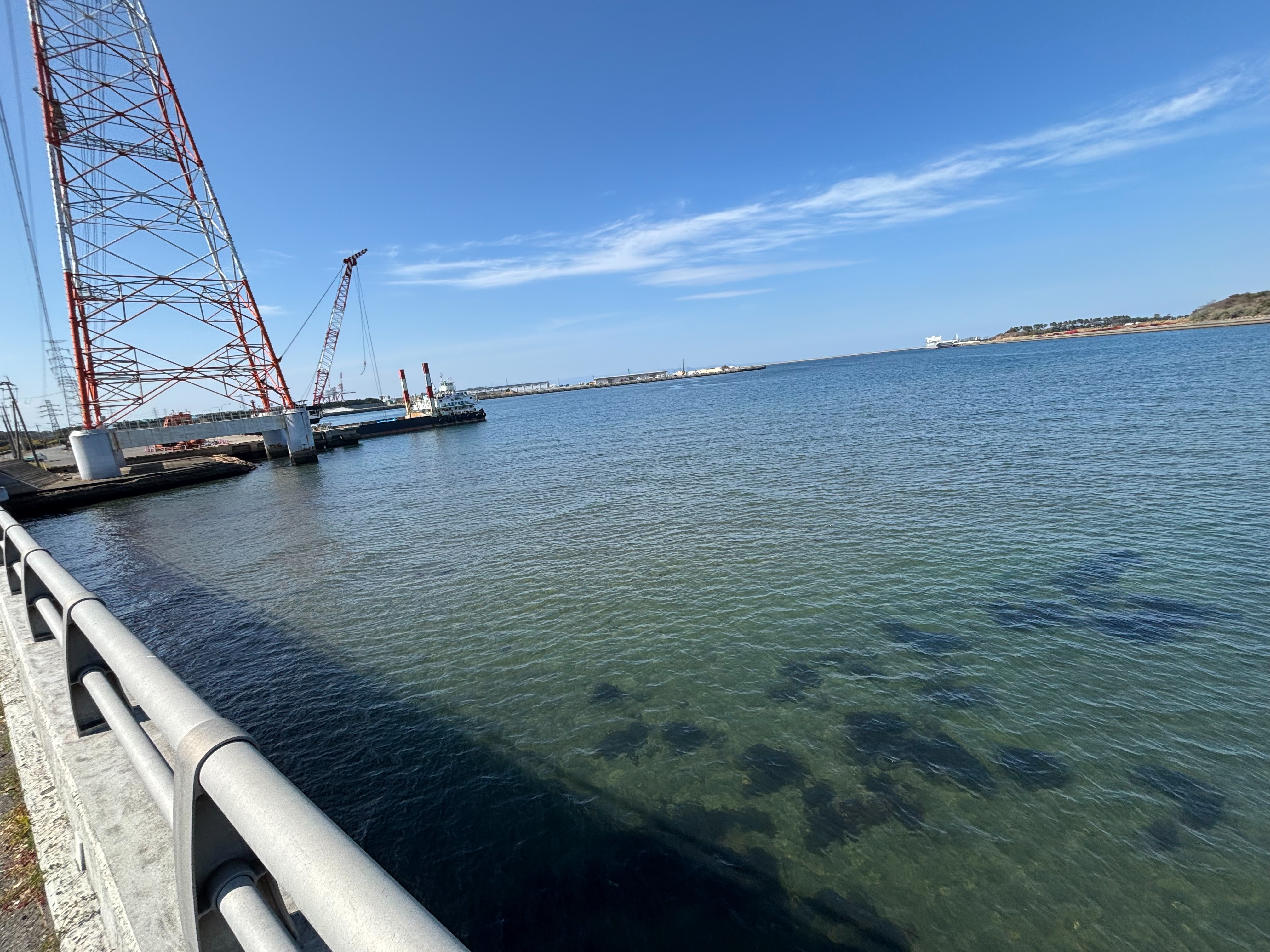 丹生川河口 - 西側は大在公共ふ頭の岸壁から、鉄塔下にアプローチ可能。東側は